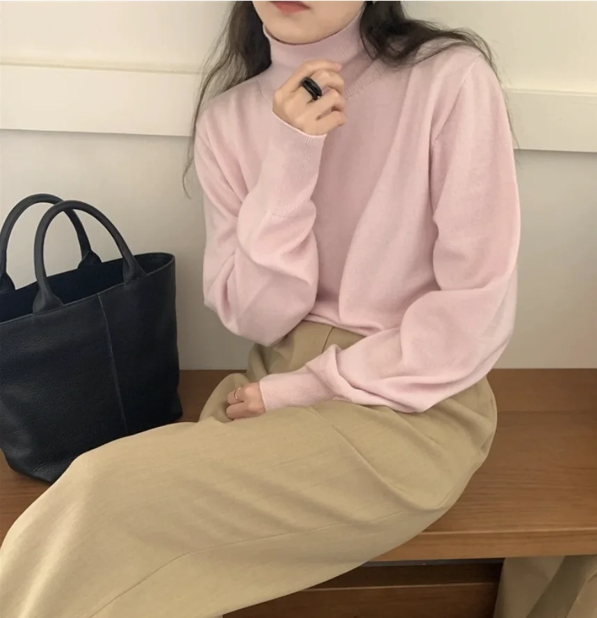 부드러운 울 하이넥 니트 스웨터 여성용 베이스 레이어 출퇴근용 긴 소매 순색 가을 겨울 패션