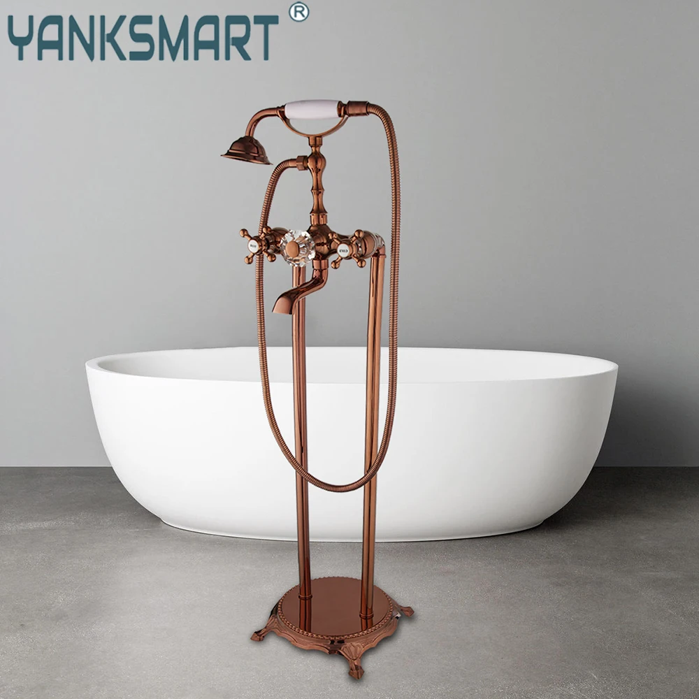 

YANKSMART Rose Gold Telephone Bathtub Floor Mounted Faucet Mixer 2 Handle Waterfall Spout Bathtub Faucet W/ Brass Handshower Set
