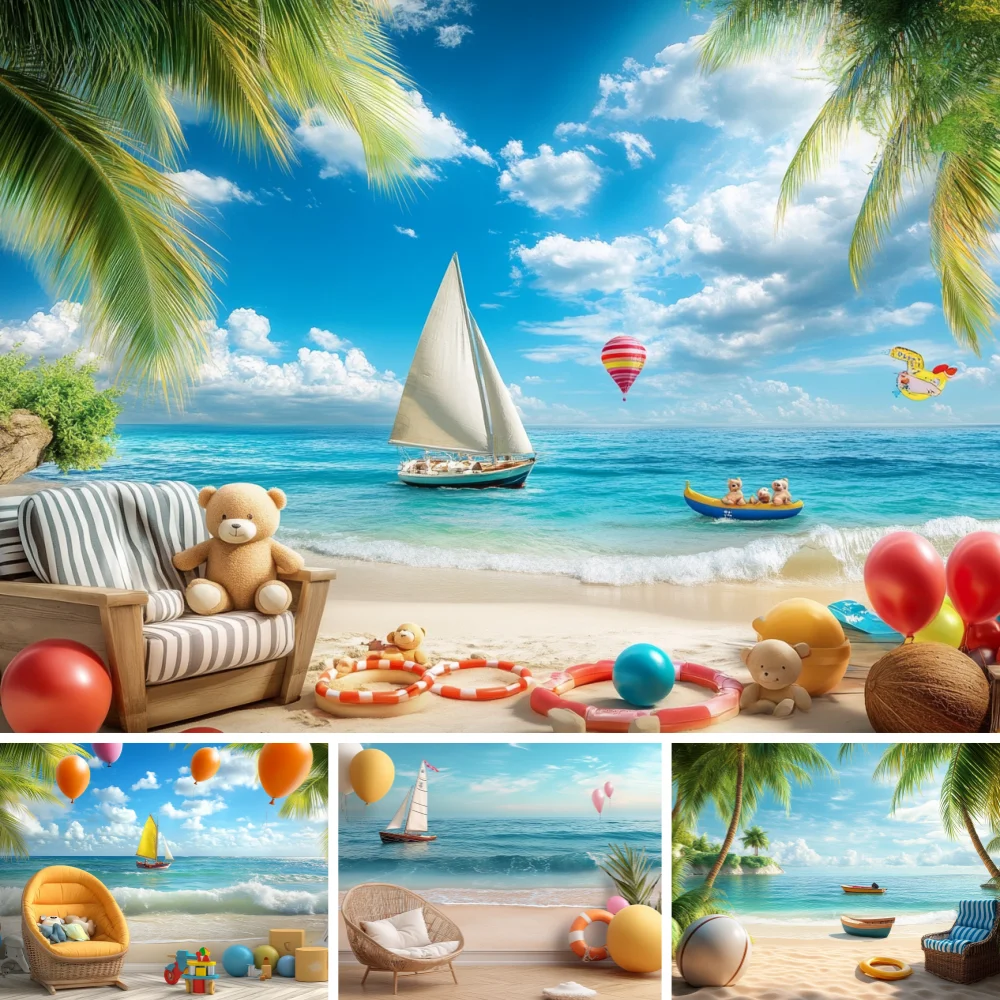 

Summer Beach Party Photography Background Seaside balloon Beach Coconut Trees Travel Holiday Portrait Photo Backdrop Photo