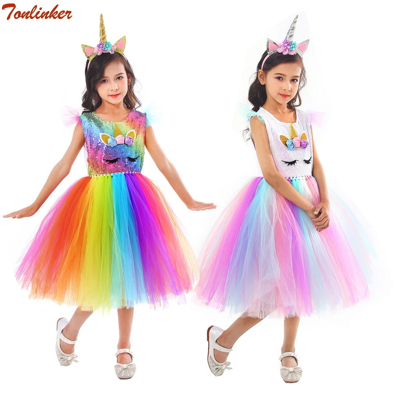 

Kids Birthday Party Christmas Unicorn Costume Girls Sequin Rainbow Nylon Mesh Tutu Dress Halloween Carnival Fancy Princess Dress