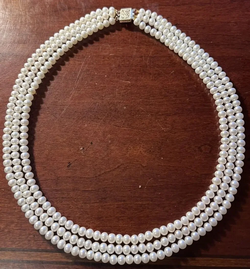 

3-рядное жемчужное ожерелье AAAA5-6 мм из натурального белого японского жемчуга Акойя, золото 14 карат, 16-17-18 дюймов. 18-19-20 дюймов