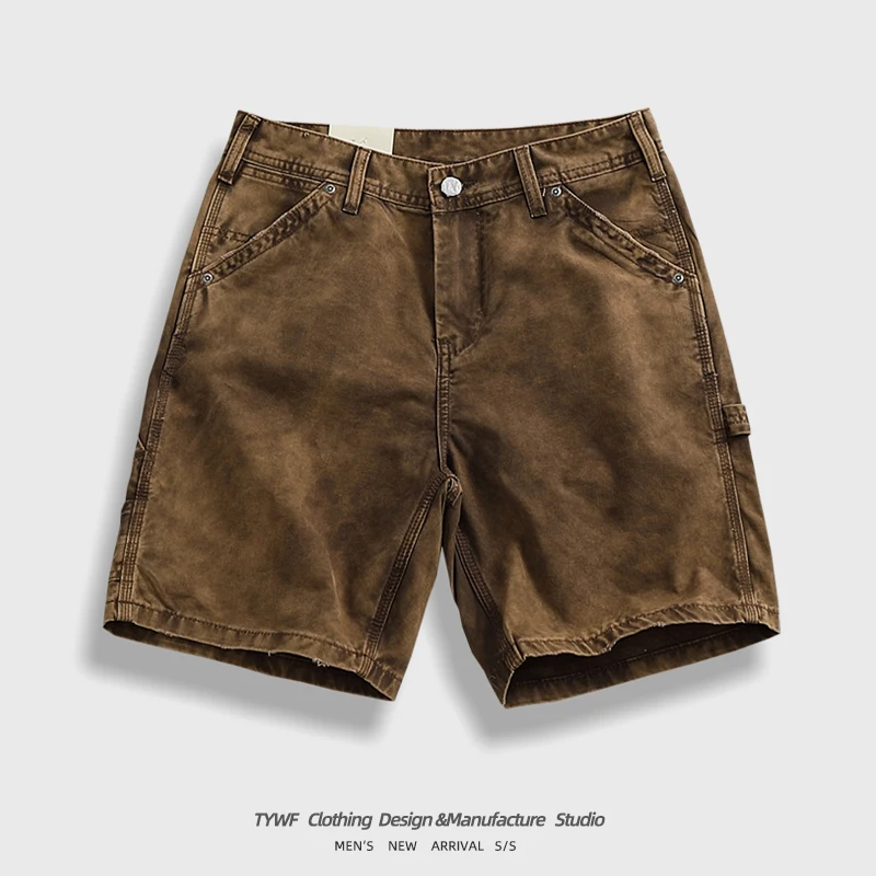 

Retro American Loggers Workwear orts Men's Trendy Sle Mud Yellow Heavy Du Waed Loose Straight Cut Five-Quarter Mid-Pants