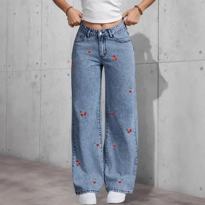 

New Y2k Jeans For Woman Vintage Stone Wash Distressed Slim Fit Stretch Red Cherry Blossom Embroidery Denim Pants 2025 Trend