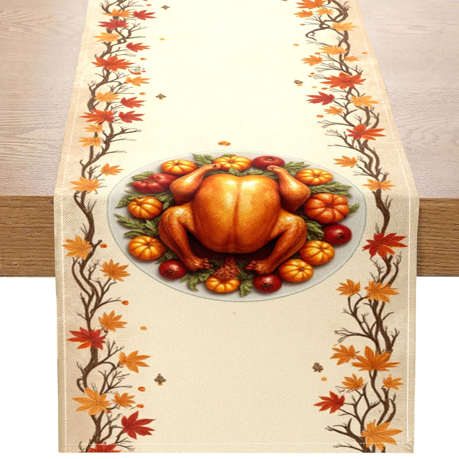 

1 Piece of Thanksgiving-Themed Table Runner, Decorated with Roast Turkey, Pumpkins, and Autumn Leaves, Suitable for Holiday Family Gatherings and Party Decorations