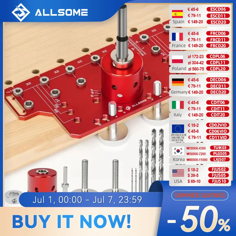 Allsome Shelf Concealed Hinge Jig , Aluminum Alloy Shelf Pin Drilling Jig with 35mm Hole Drill Bits, Cabinet Hardware Jig