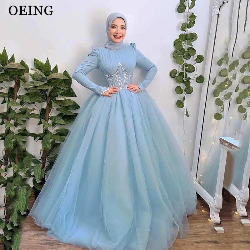 OEING Simple Sky Blue Muslim Arabic Women Evening Dresses Wedding Party High Neck Long Sleeves silk Prom Gowns Formal Occasion