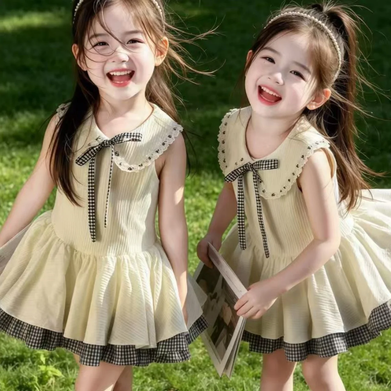 

Girls' Dress 2026 Summer New Children's Fashionable Sweet Plaid Patchwork Vest Dress Baby Cute Dress