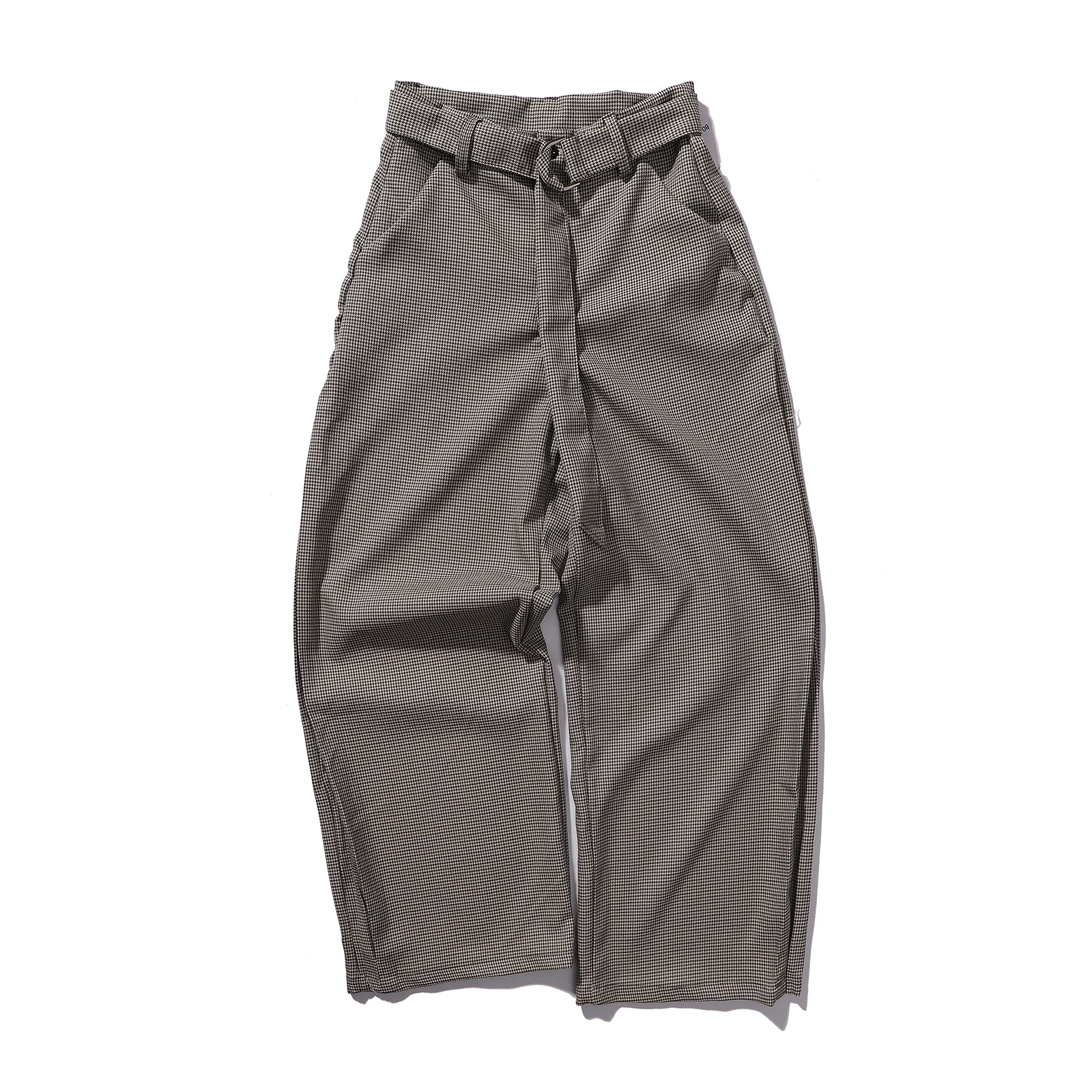 Men's Retro Houndstooth Trousers Adjustable Waist Belted Wide Leg Plaid Commuter Pants Casual Streetwear Lounge Trouser Harajuku