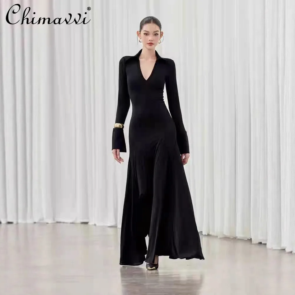 

French Elegant Temperament V-neck Long Sleeve High Waist Slim A-line Big Pendulum Black Long Evening Dress for Women Spring 2026