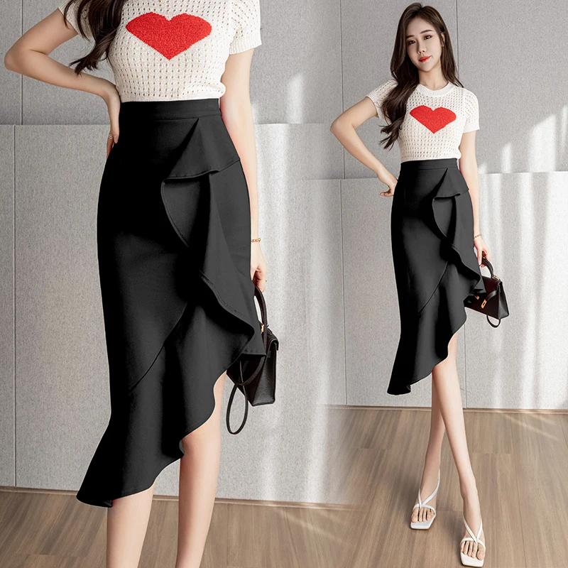 New Year Red Frill Irregular Skirt Women Spring and Summer Mid-Length  Design Sexy Sheath Fishtail Skirt