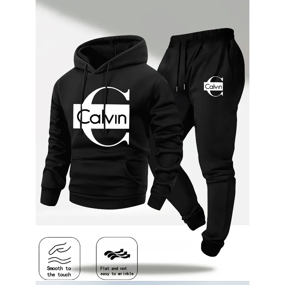 طقم مكون من قطعتين بغطاء للرأس بأكمام طويلة للرجال من كالفن، سترة رياضية كاجوال عصرية بقلنسوة