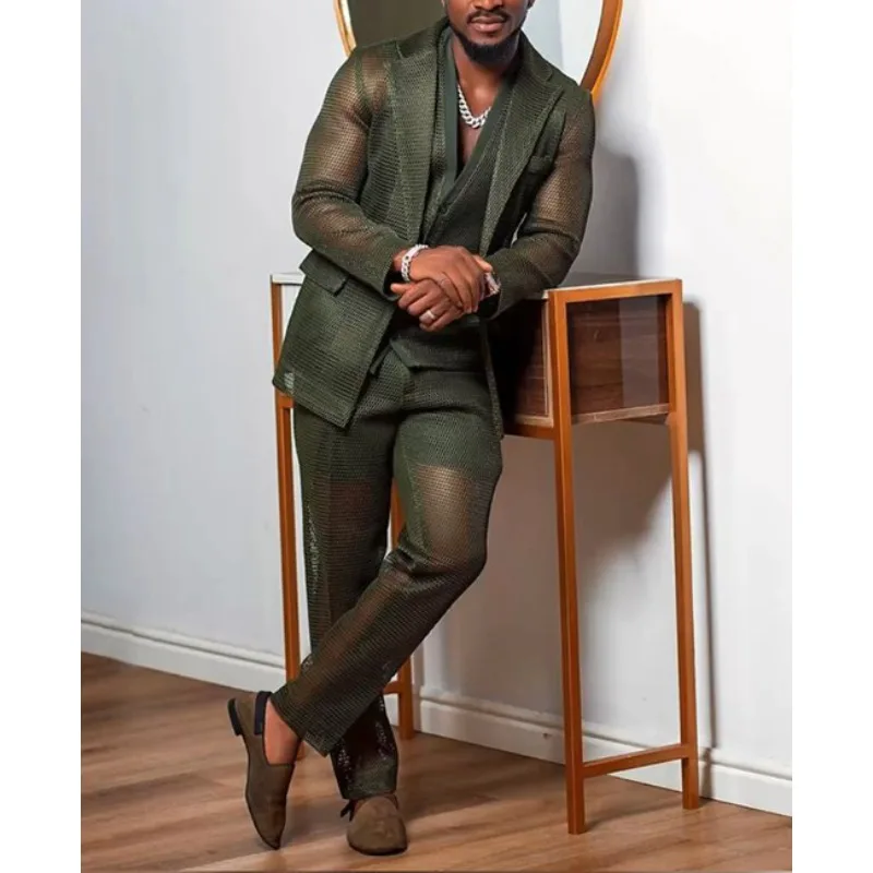 

Men's Suits Slim-fit Casual See-through Mesh Notch Lapel Blazer & Pants 2Pcs Set Men's Clothing for Business Occasions Suits Set