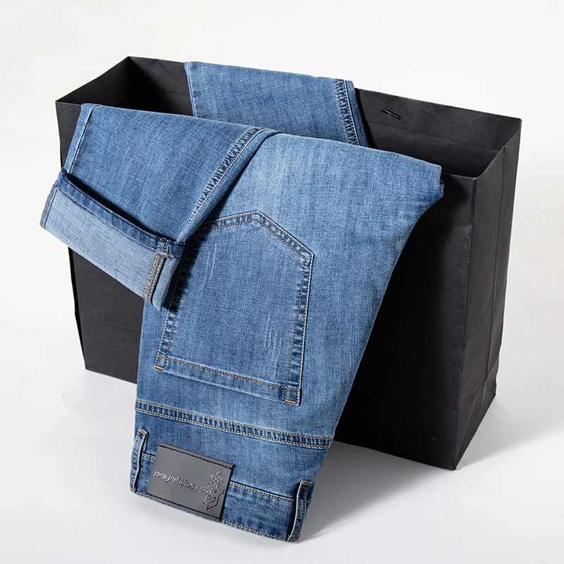 2026 New Brand Thin Material Men's Elastic Cotton Jeans Fashion Sky Blue Comfortable Denim Business Casual High Waist Pants