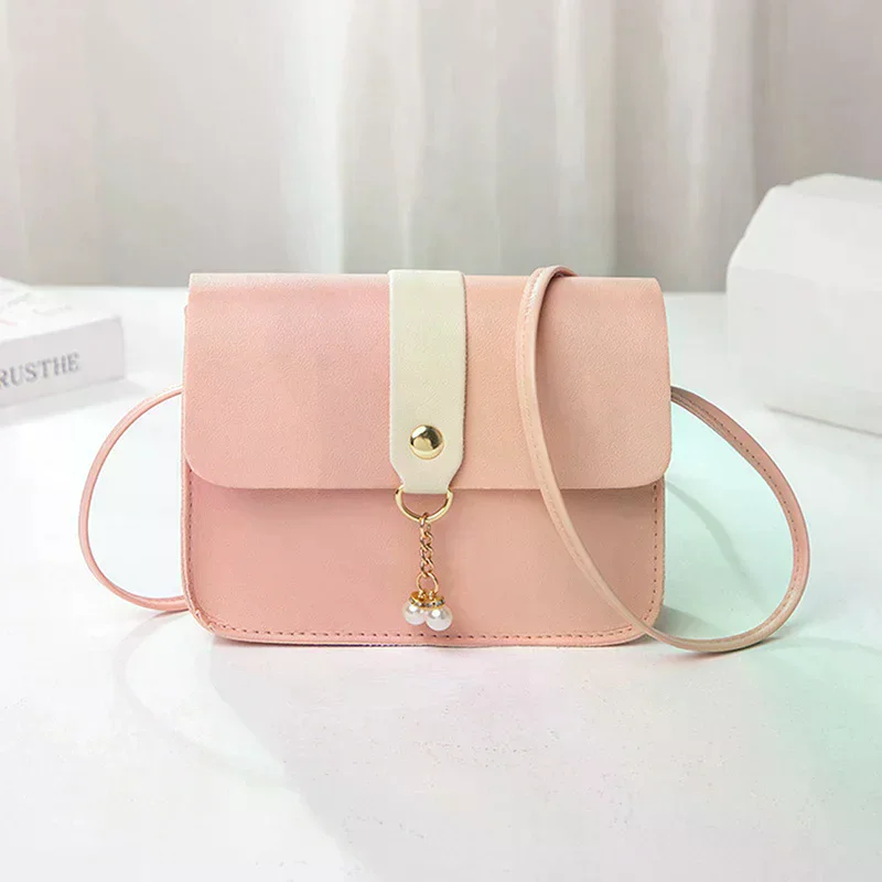 Contrast Women Shoulder Bag Simple Pearl Pendant Luxury Designer Handbag Messenger Bag Small Square Crossbody Mobile Phone Purse