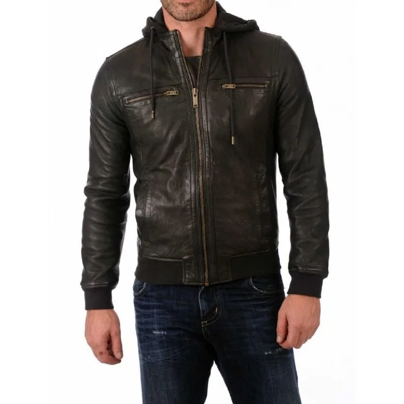 Men's Real Leather Hoody Bomber Jacket (Regular and Big and Tall Sizes) Fashion Trend