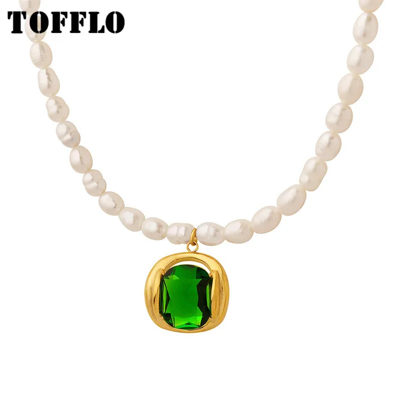 

TOFFLO Stainless Steel Jewelry Green Zircon Pendant Freshwater Pearl Necklace Women's Elegant Clavicle Chain BSP1239