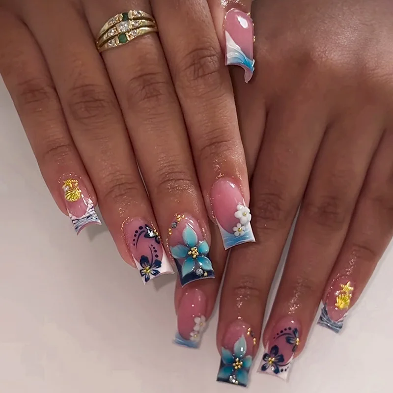 24pcs Blue Mid-length Square Fake Nails Press on Ocean Flower Rhinestone Design Nail Tip Finished Wearable French False Nail Set