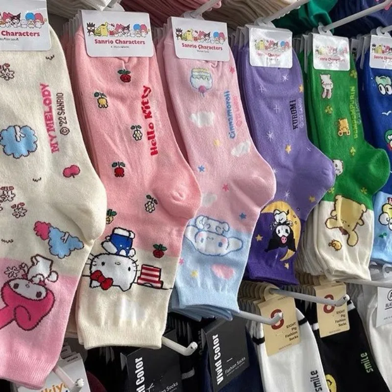 Sanrio Series Socks Japan and Korea Four Seasons Kuromi Cartoon Cute Girl Pure Cotton Sweat-Absorbent Mid-calf Socks Wholesale