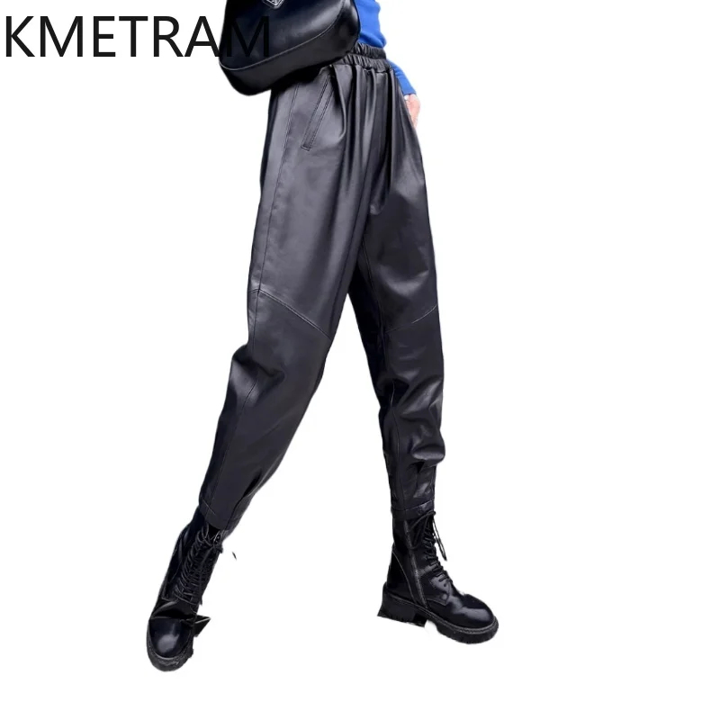 KMETRAM 100% Top Layer of Sheepskin Women Pants 2025 Autumn Black Cropped Pants Genuine Leather Harem Trousers Woman Clothes 바지