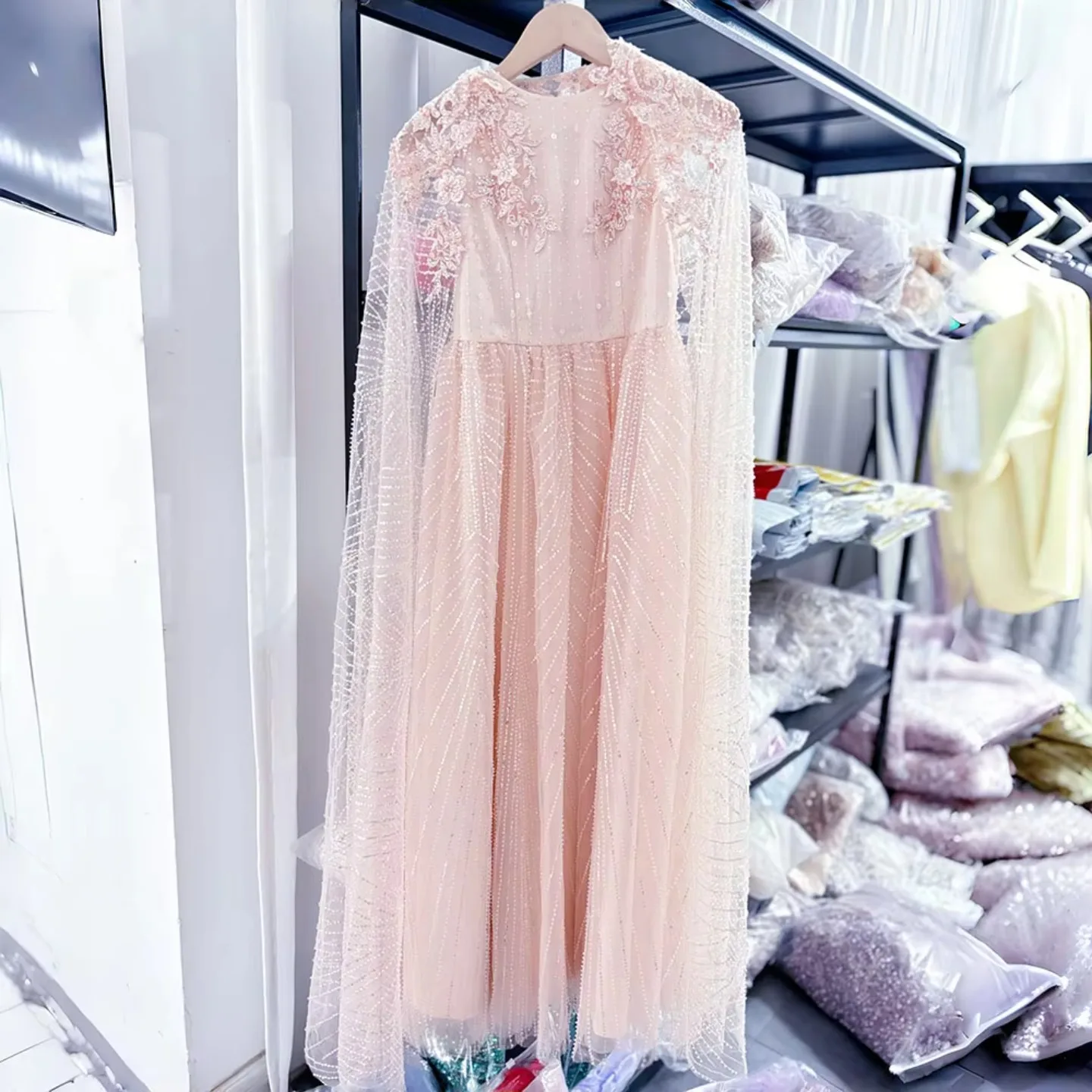 Jill Wish J071 Luxury Pearl Arabic Girl Dress Applique Beaded with Cape Princess Kids Gowns for Wedding Birthday Communion Party