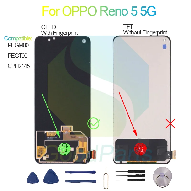 For OPPO Reno 5 5G Screen Display Replacement 2400*1080 PEGM00, PEGT00, CPH2145 Reno 5 5G LCD Touch Digitizer Assembly
