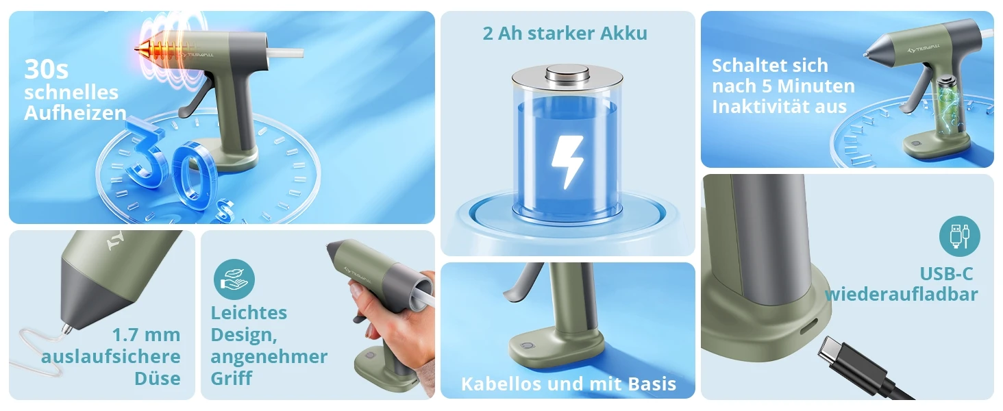 4V Akku-Heißklebepistolen-Set mit 20 Stück 7x140mm Klebesticks, Mini-Heißklebepistole in Olivgrün, 30s schnelle Aufheizzeit, USB-C wiederaufladbar, automatische Abschaltung, tropffrei, ideal für DIY-Bastelarbeiten und Heimreparaturen – Detail 9