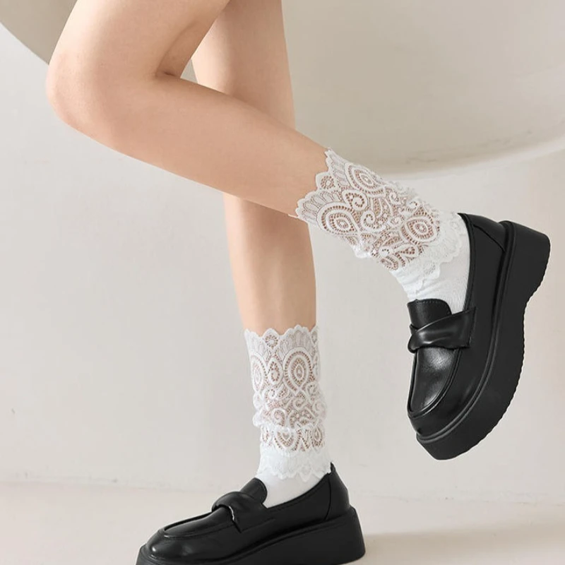 Sexy Lace Floral Mesh Socks Women Black Transparent Short Cotton Sock For Ladies Elastic Retro Cute Socks Female New