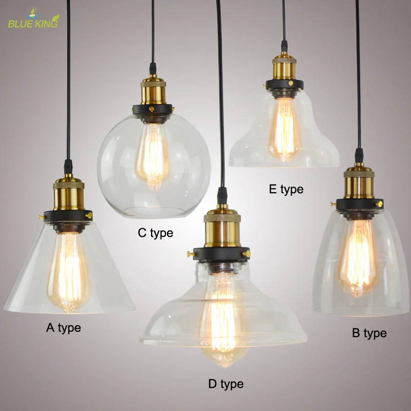 Retro Nordic Loft Modern Bedroom Pendant Lamp with Clear Gray Amber Vintage Pendant Lights Dining Glass Hanging Light Fixtures