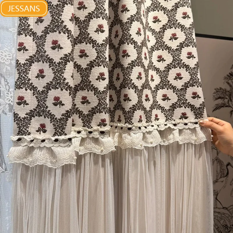 Pastoral Retro Jacquard Chenille Lace Patchwork Skirt Curtains for Living Room Bedroom French Window Customized Finished Product