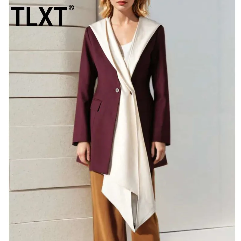 

TLXT Fashion Women Fake 2 Pcs Blazer Hooded Single Button Irregular Patchwork Retractoin Waist Suit Coat Spring 2025 New XK1456