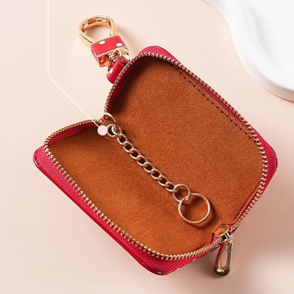 New Durable Polka Dot Key Pouch Compact Pu Leather Zipper Key Protection Cover Water Resistant Metal Clasp Small Wallet Gift