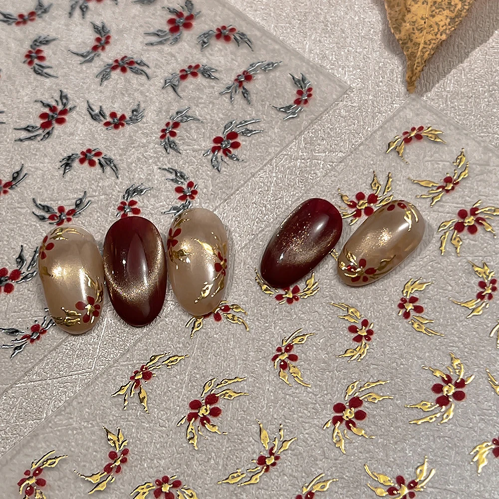 1PC 5D Luxury Gold leaf Floral Nail Art Stickers Elegant Metallic Burgundy Flower Embossed Press-on nails Decals Nail Art Supply