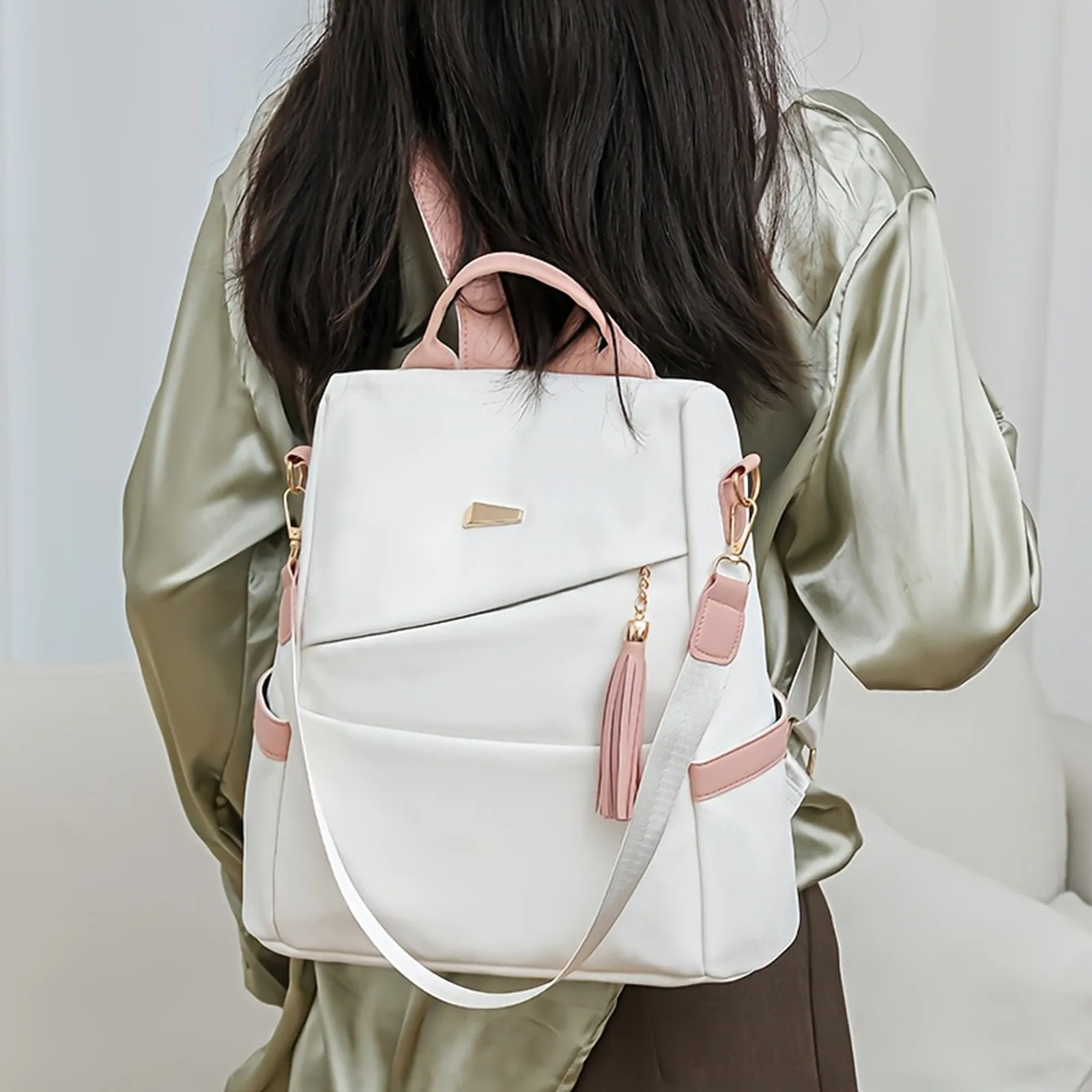 

2025 Oxford Cloth Stitching Women'S Backpack Anti-Theft Back Zipper Girls Schoolbag Casual Travel Double Shoulder Backpack