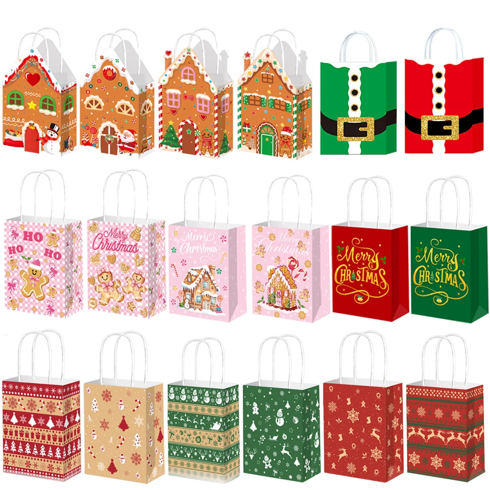 4-40 pièces sac cadeau en papier de noël avec poignée joyeux noël Kraft papier marron cadeau Tteat sac noël flocon de neige cadeaux de fête d'hiver
