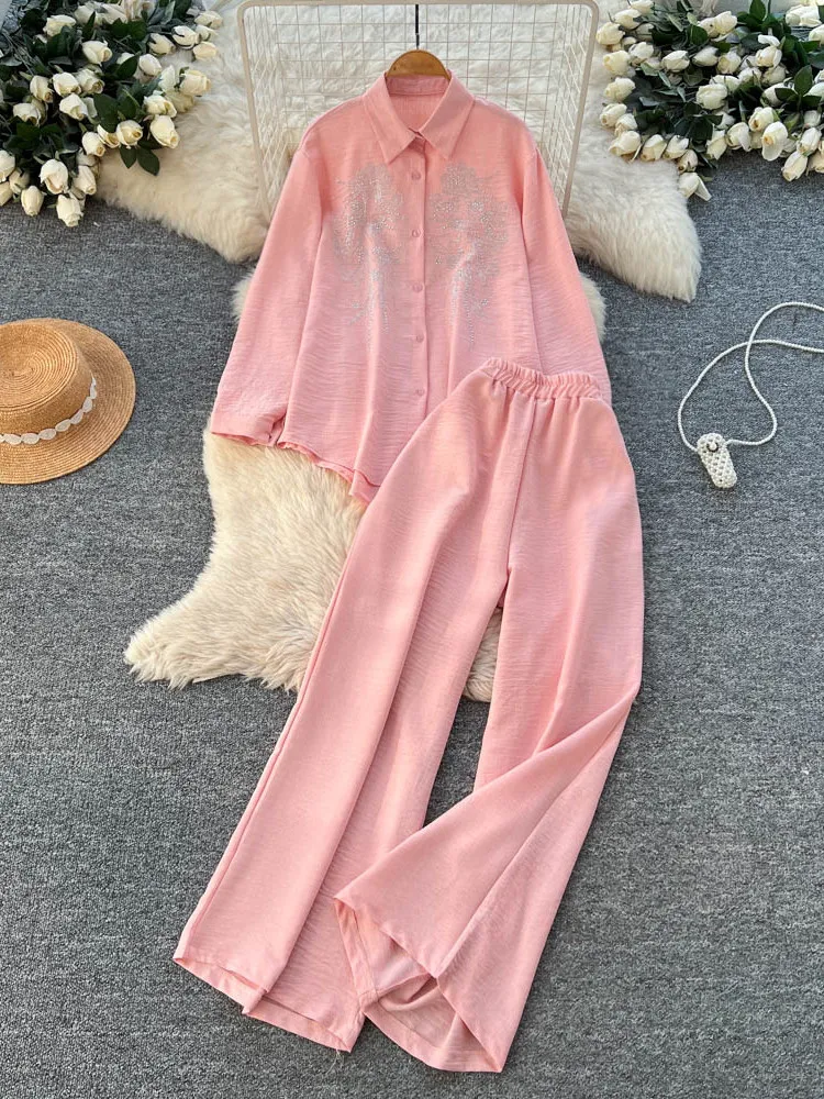 Spring casual two-piece set women loose fashionable hot diamond long sleeved single breasted shirt high waist wide leg pants