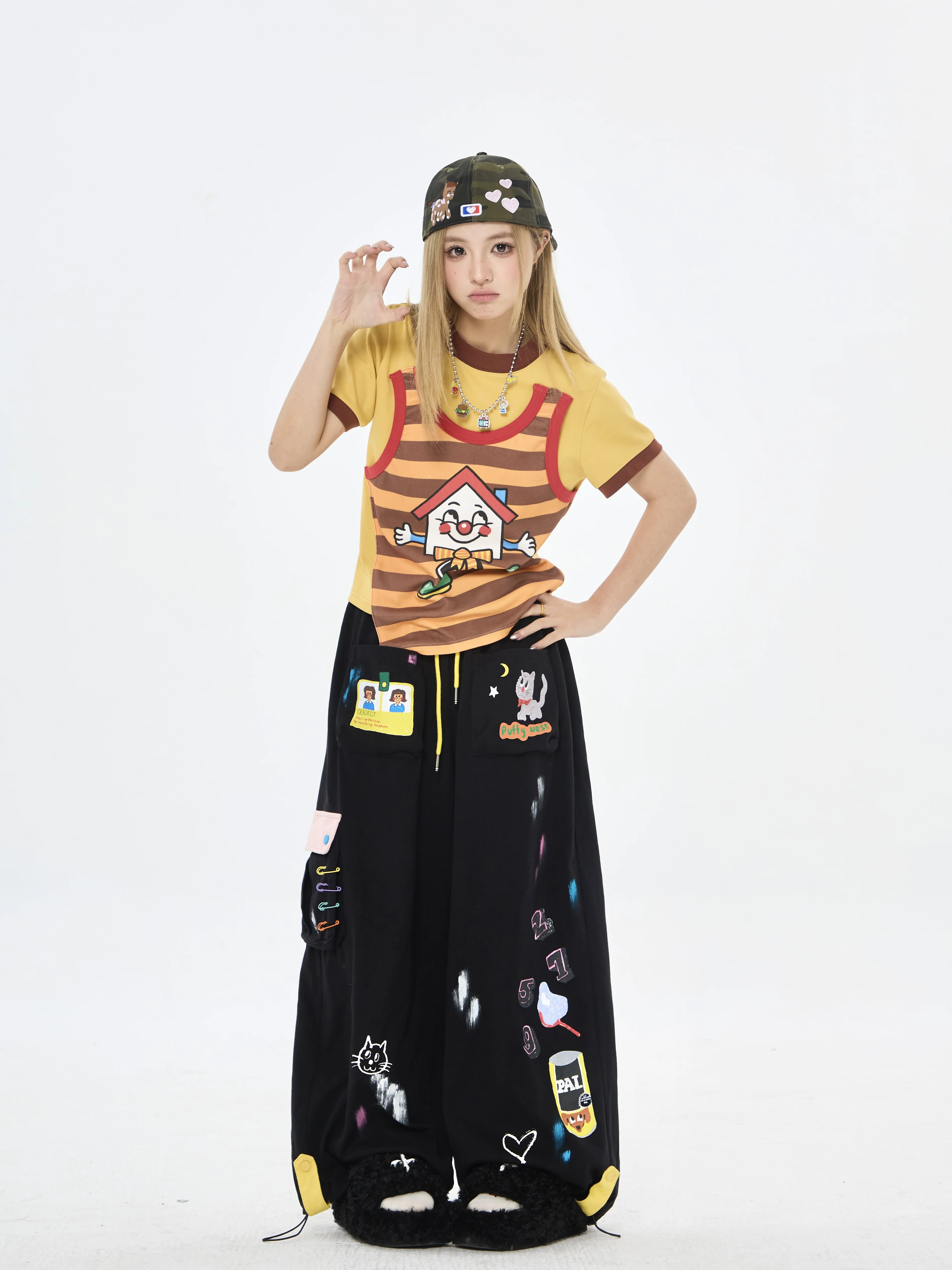 Puffynest Original Artist Hand-Drawn Print Elastic Waist Casual Pants Long Pants Cotton Fabric Unisex Youth Couple Wear