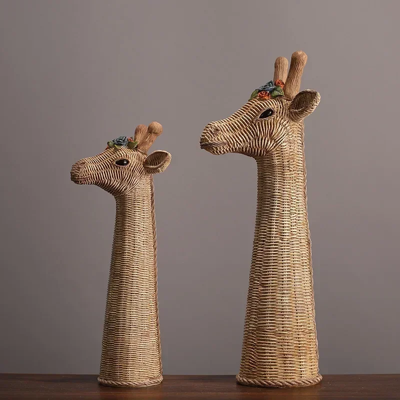 Giraffe Sculpture Simulation Animal Statue Deer Head Rattan Pattern Resin Handicraft Ornaments Giraffe Avatar Home Decoration