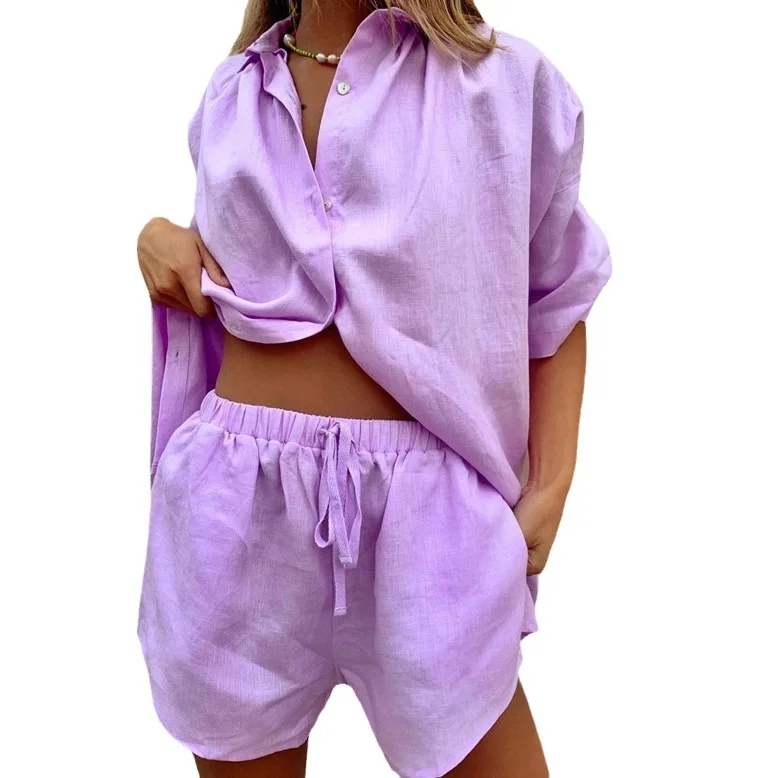 Casual Cotton Solid Color Sets Women Short Sleeve Loose Shirt Wide Leg Shorts Two Piece Set Woman Suits Summer Outfits 2025