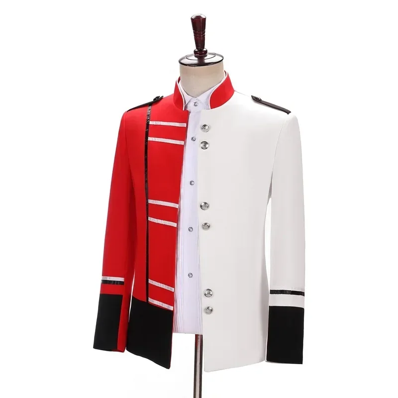 Men Splice Design Red White Stand Collar Blazers European Court Stage Military Uniform Costume Bar Singer Host Performance Coat