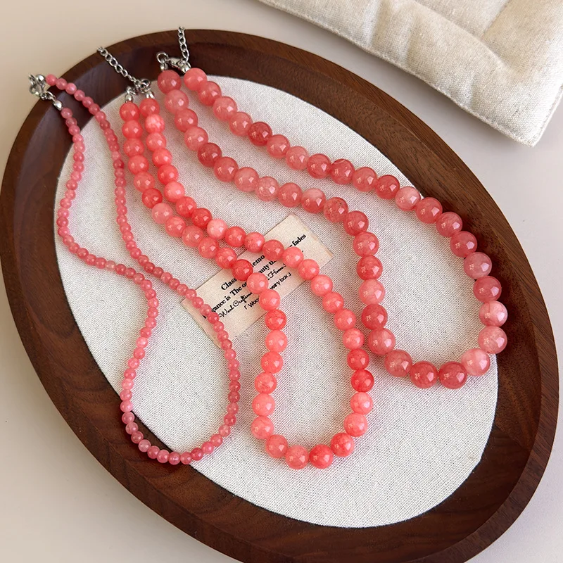 

Minar Sweet 4 8 10mm Pink Color Natural Stone Beaded Necklace for Women Female Silver Plated Chain Strand Chokers Wholesale
