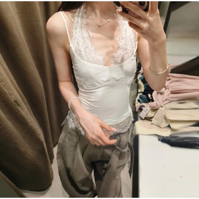 Spitzen-Patchwork-Top mit Neckholder und Taillenbetonung für Damen, sexy, ärmellos, rückenfrei, schmal geschnitten, charmante Clubwear für Damen. – Detail 19