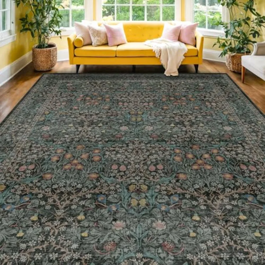 

Washable Dark Green Rug for Living Room 9x12 Large Area Rug for Dining Room Under Table Bedroom Soft Low Pile NonSlip Stain Res