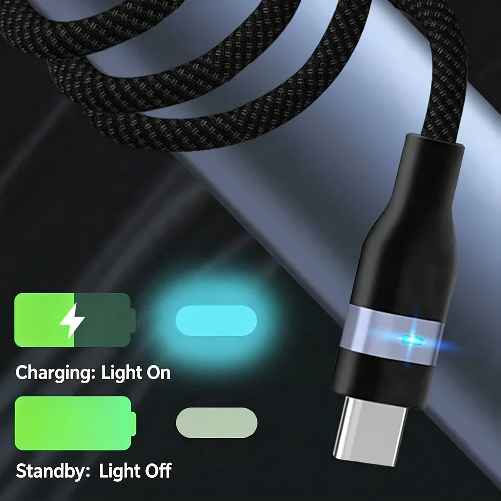 HANNUO Fast Charging USB C to USB C Braided Cable With LED Indicator 65W High Speed Type-C Charger Cord For Smartphone Laptop
