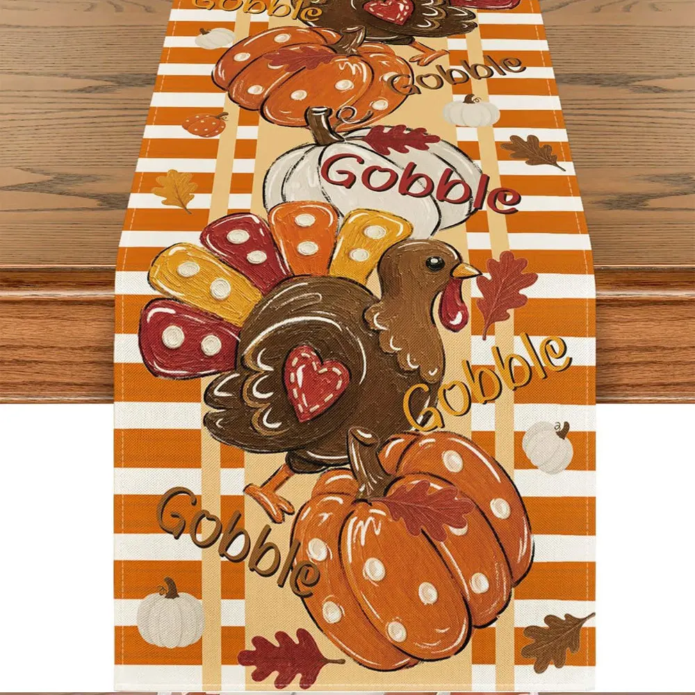 Linen Table Runner Harvest Pumpkins Sunflowers on Off White Autumn Table Decor Thanksgiving Dinner Family Gathering
