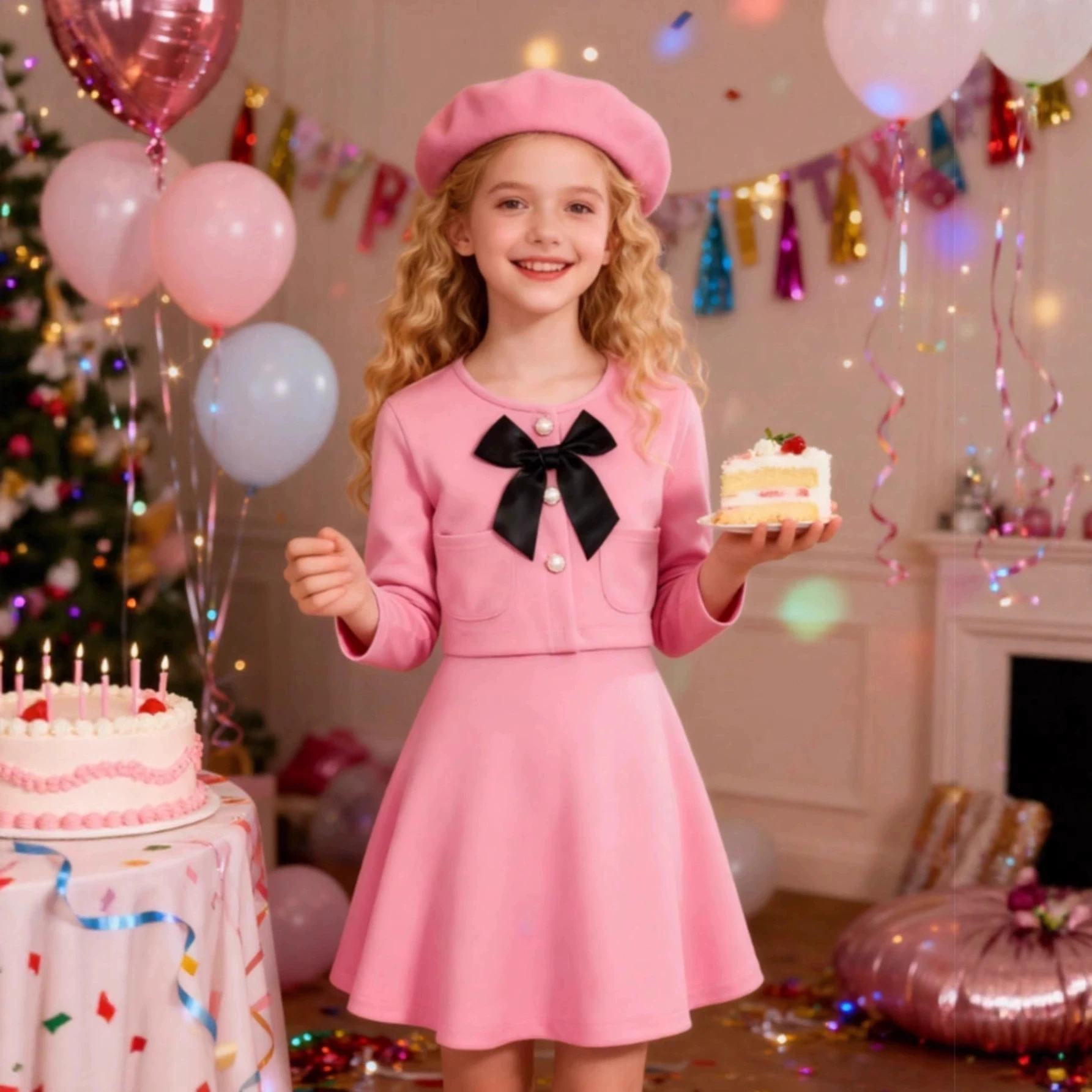 

2025 3pcs Kids Girls Winter Fall Dress Korea Bow Jacket + Vest Dress & Hat Outfit Children Clothing Baby Girls Clothes For 4-7Y