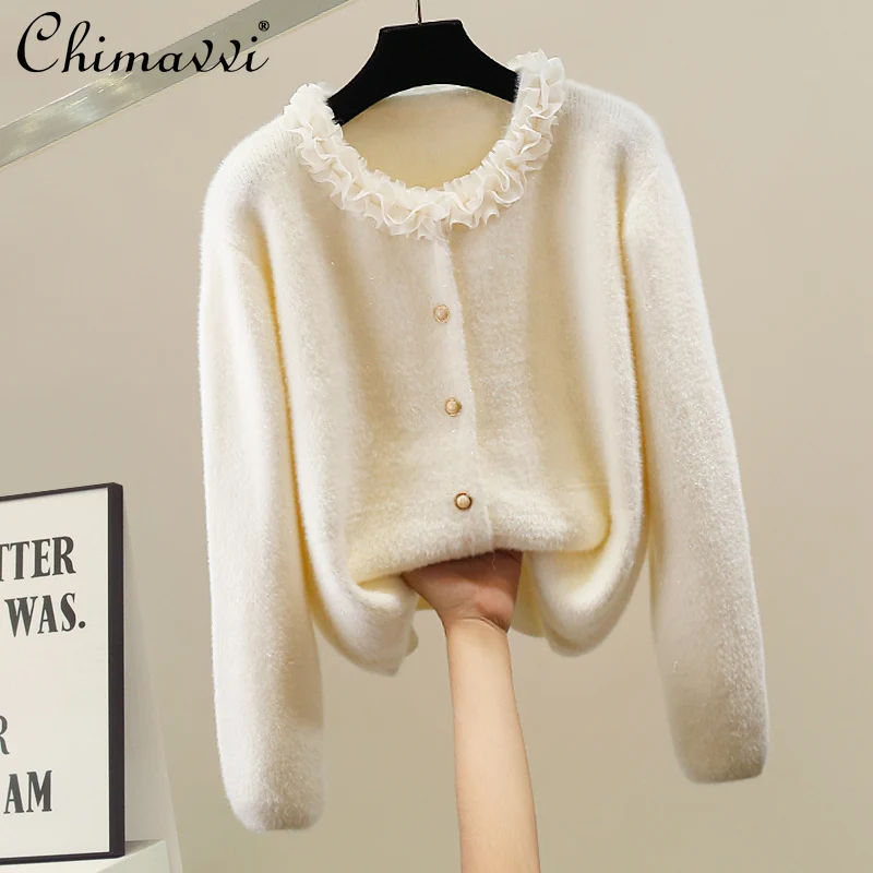 

Korean Fashion Heavy Flower Stitching Sweater Coat Autumn Winter New Sweet Girl Loose Elegant Long Sleeve Cardigan Knitted Top