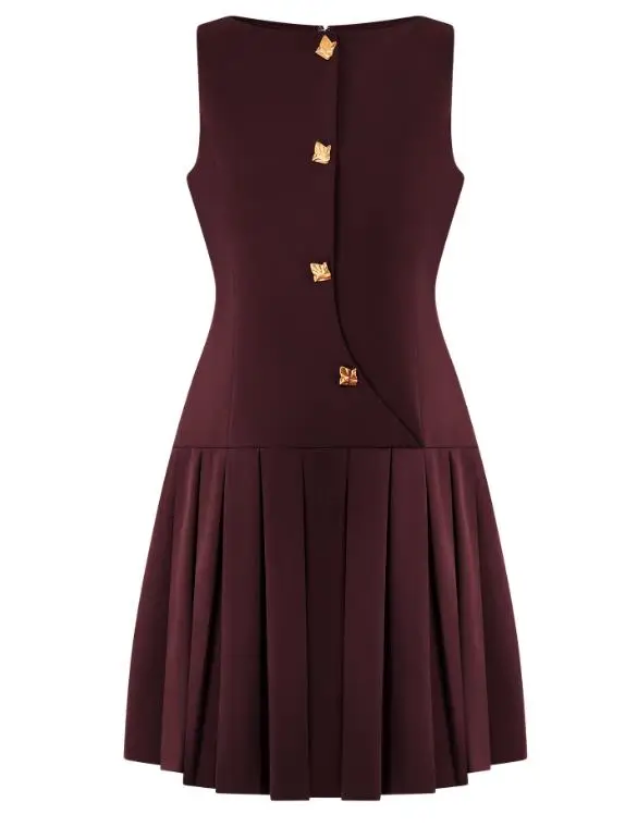 

Womens Dresses 2026 Spring Summer New Solid Color Button Decor Round Neck Sleeveless Elegant Pleated Temperament Mini Dress