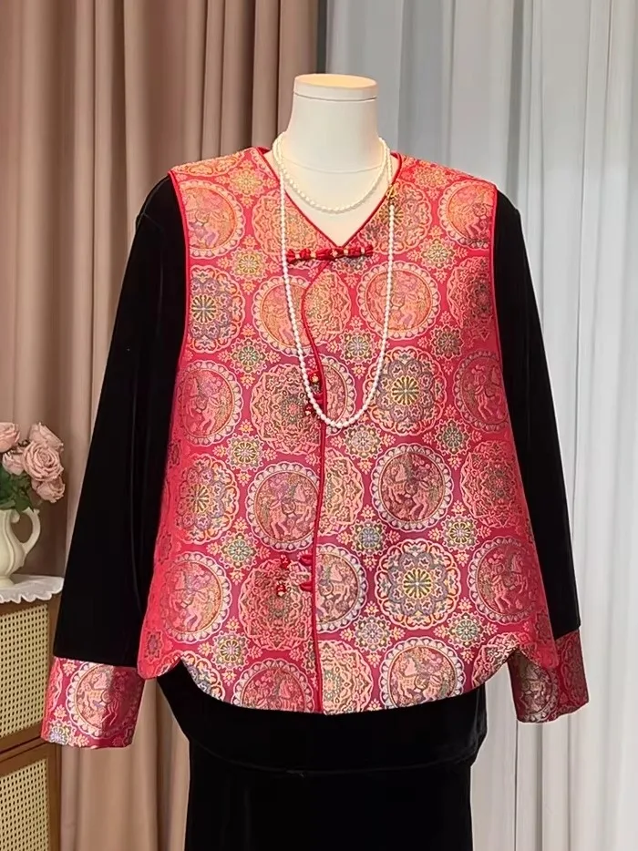 

New Chinese Sle Vest Women's Red Embroidered Patchwork Sve Retro Sle Vest Spring New Arrival ort Length V-Ne