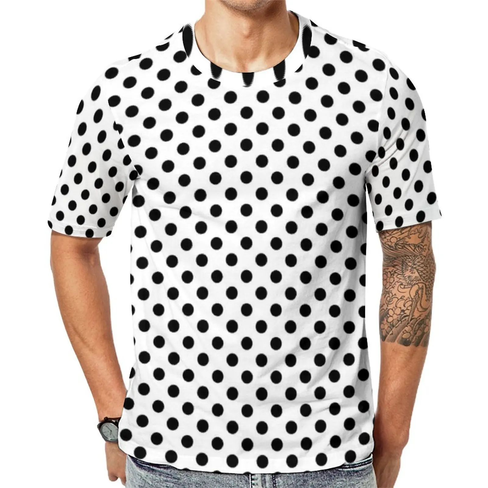Black Polka Dots T-Shirt For Men Polka Dot Circles Art O Neck T Shirts Summer Fashion Clothing Short Sleeve Casual Oversize Tees