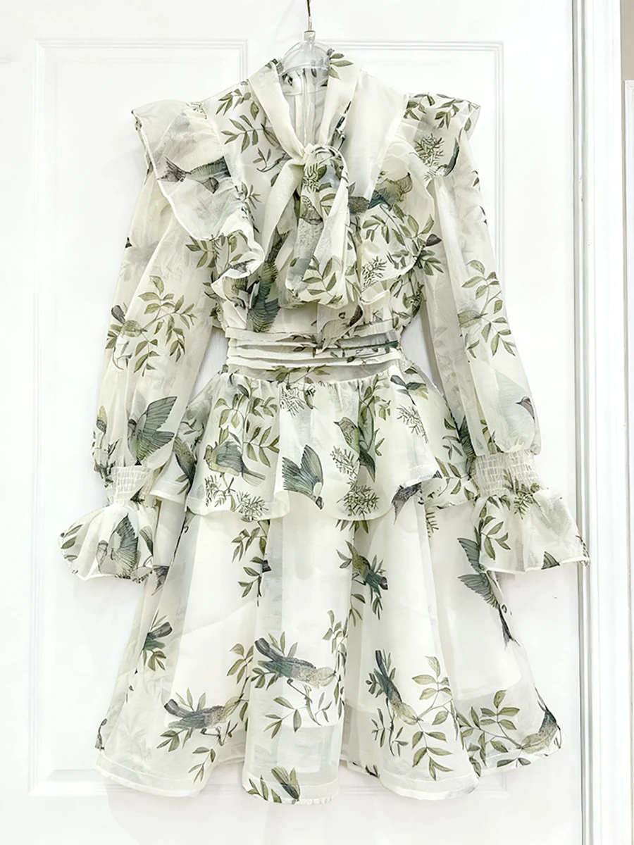 VGH français Vintage impression robe courte pour les femmes col écharpe lanterne manches Patchwork à plusieurs niveaux voir à travers des robes douces femme